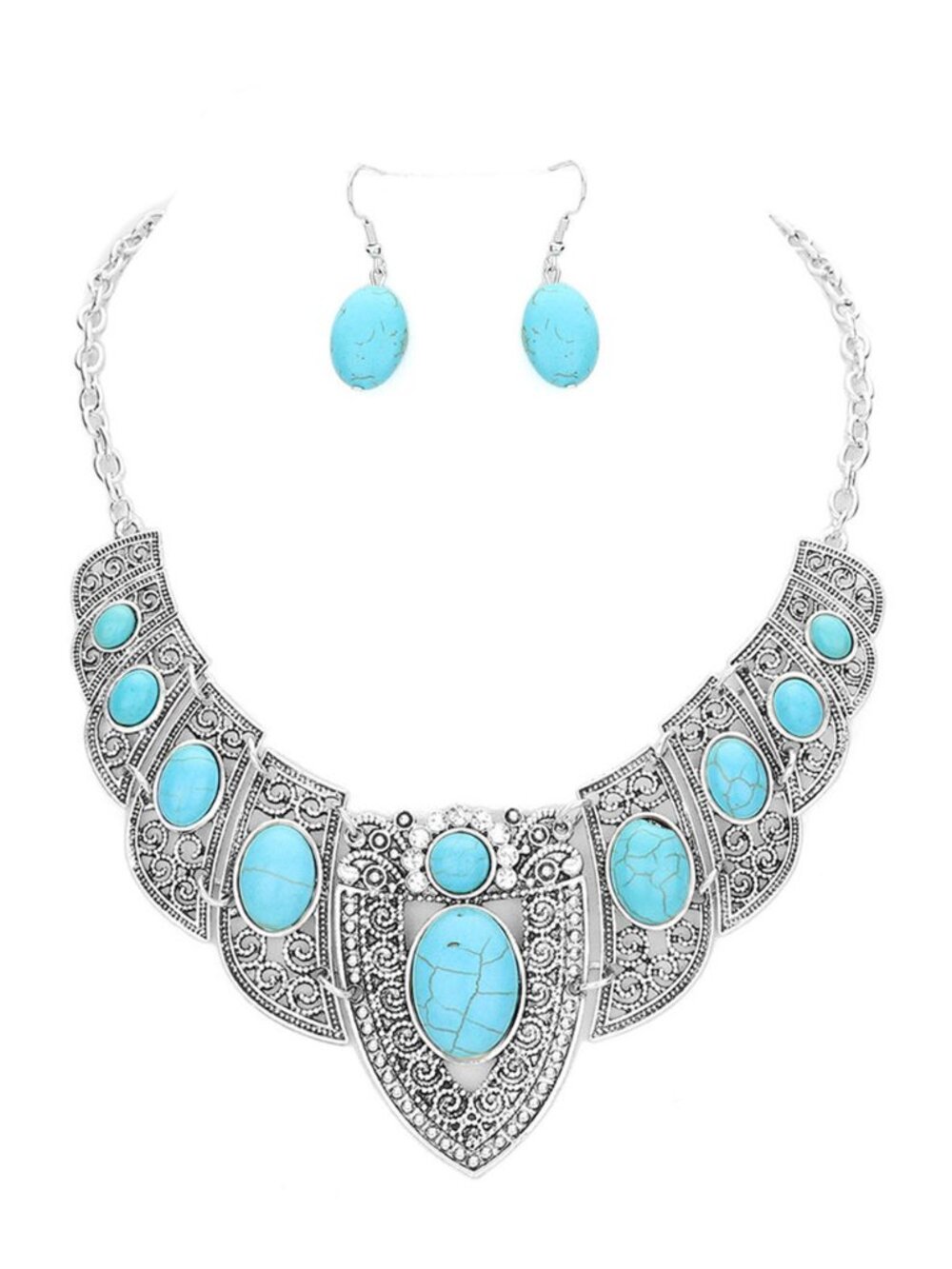 Tigerstars Turquoise Antique Metal Natural Stone Embellished Necklace